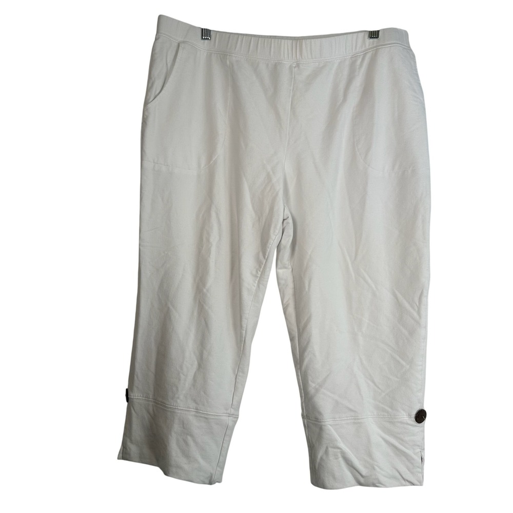 Denim & Co Active Womens XL White Cropped Capri Pants Elastic Waist Button Hem